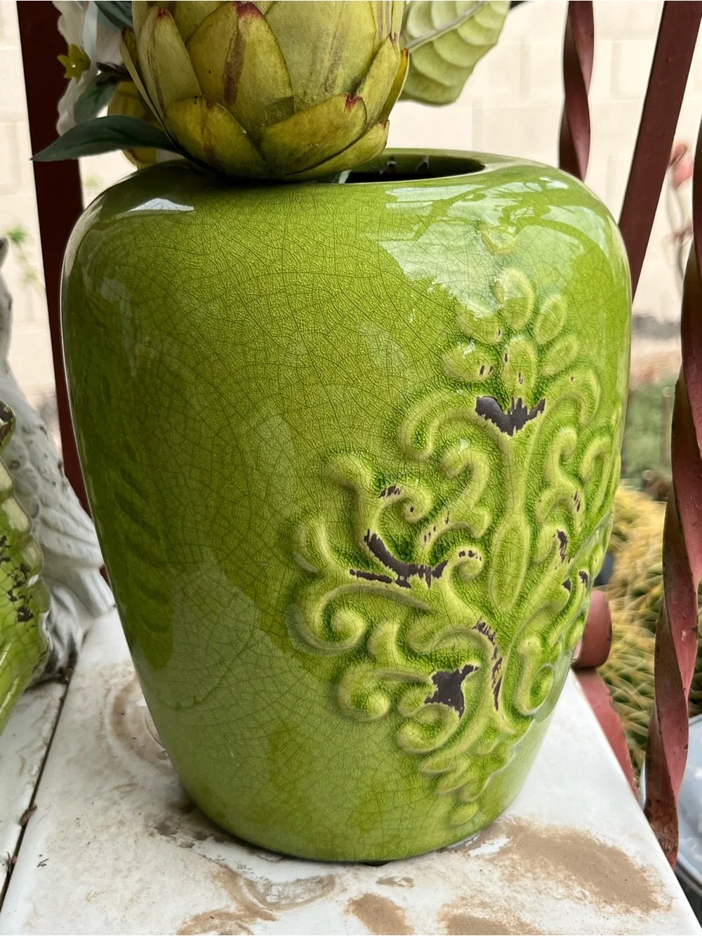 Green Ceramic Decorative Vase with Embossed Scroll Design